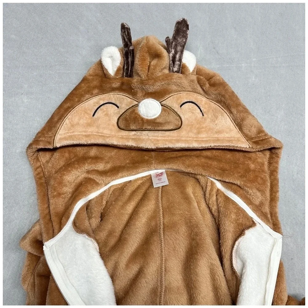 North Pole Trading Co Reindeer Plush Fleece Union Suit Pajamas Brown XS